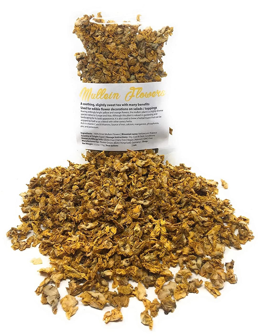 100% Dried Mullein Flowers (Verbascum thapsus) | Net Weight: 0.52oz / 15g | Soothing, slightly sweet tea with many benefits - Used for edible flower