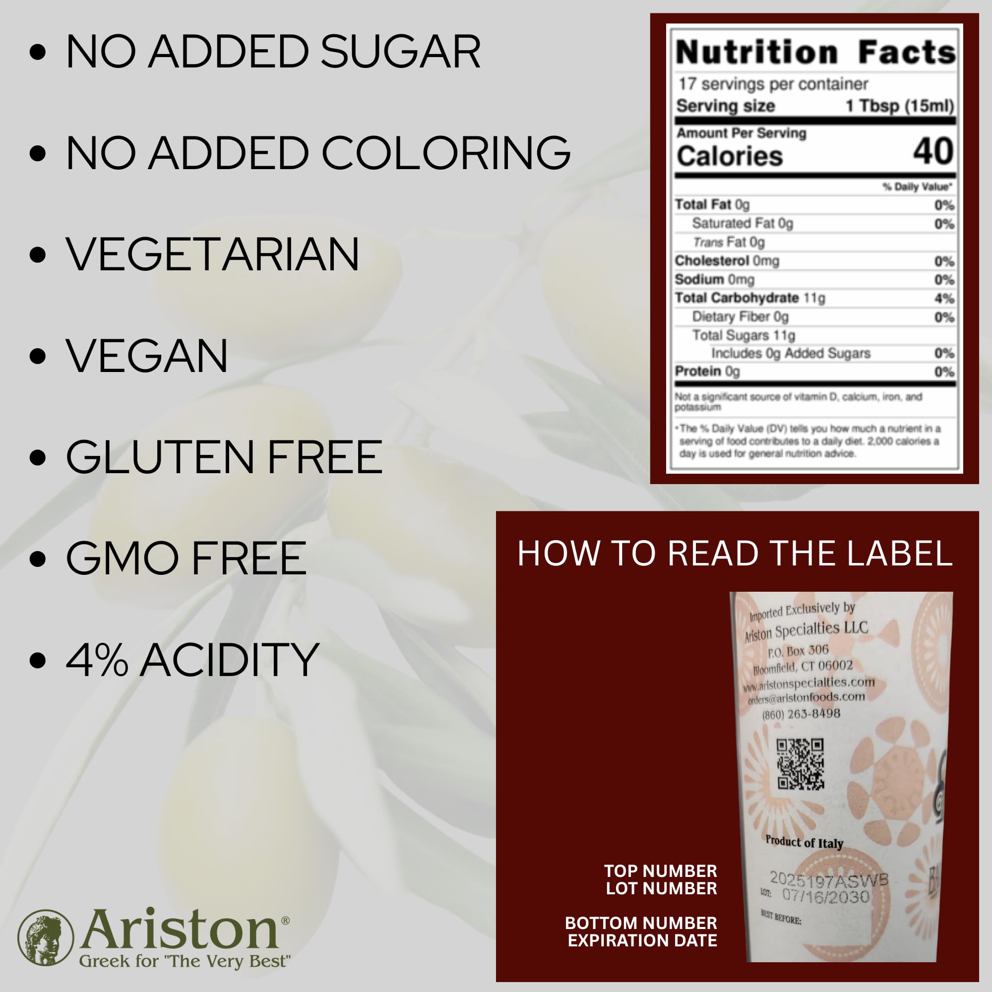 Ariston "The Very Best" Premium Balsamic Vinegar - Barrel Aged, Gourmet Quality, Product of Italy - Vegan, Gluten Free, GMO Free, No Added Sugar