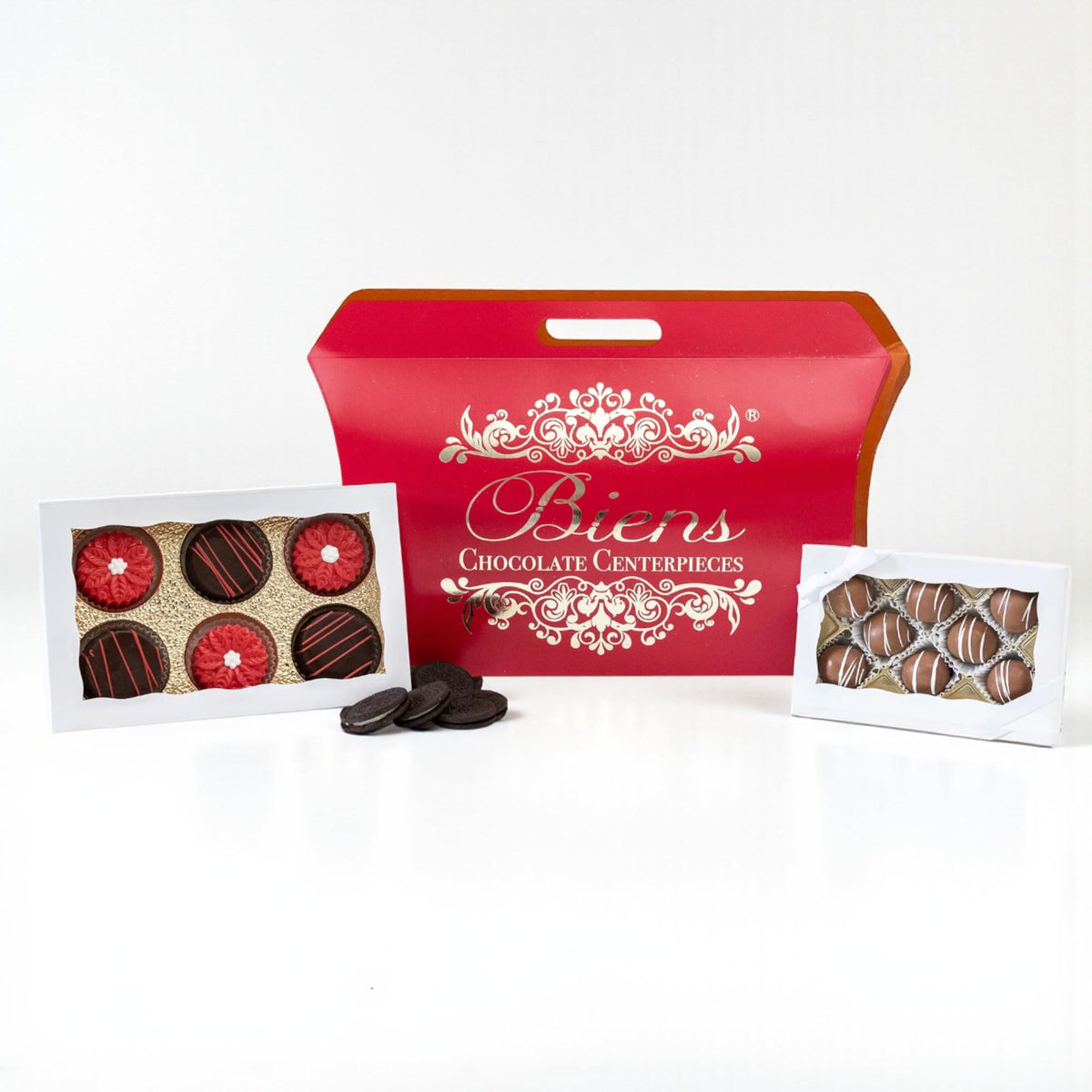 Biens Chocolate Centerpieces, Winter Christmas Custom Covered Chocolate Sandwich Cookies Gift Set - Poinsettia Custom Hand Decorated Cookies & Dipped