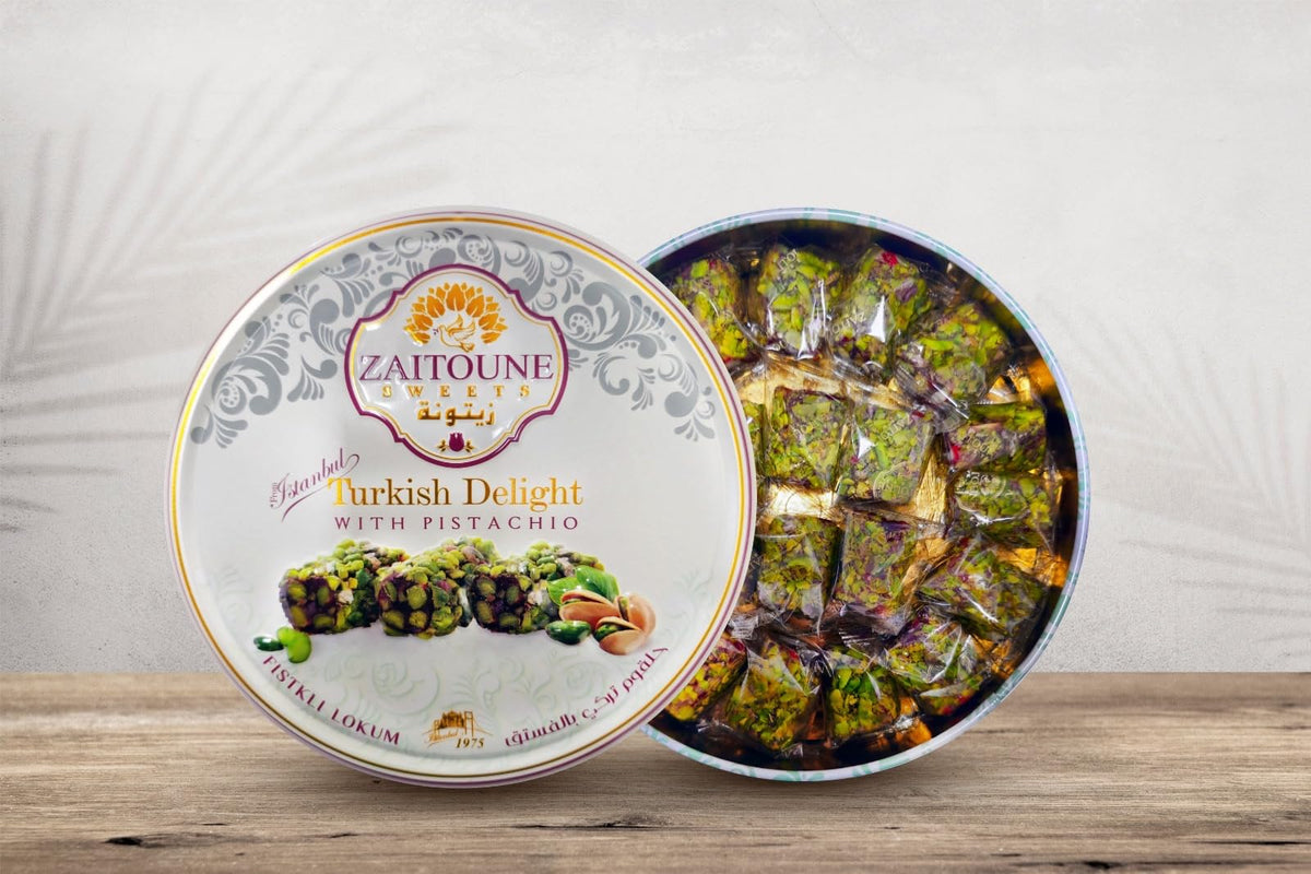 Zaitoune Pistachio Covered Turkish Delight - 0.55 lb | Lokum Stuffed with Nuts & Coated in Chopped Pistachios | Authentic Turkish Candy | Luxury Gift