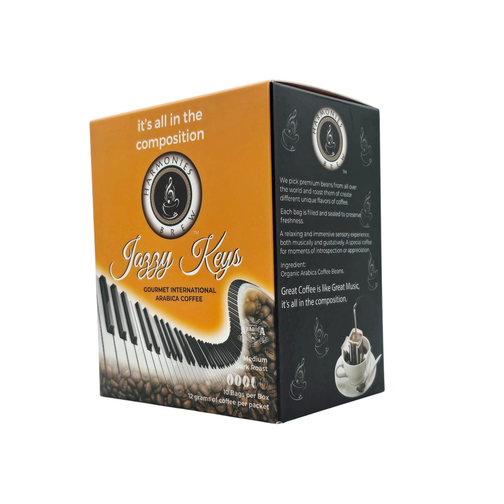Harmonies Brew Jazzy Keys Box of Brew - 10 Pack Single Serve Pour Over Coffee, Certified Fairtrade, Organic Medium Dark Roast