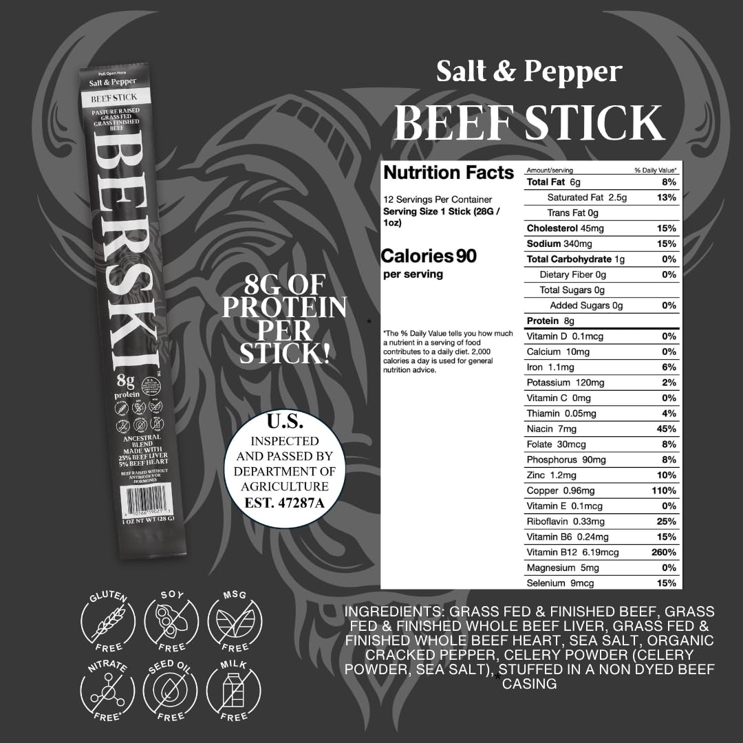 BERSKI Salt & Pepper Beef Sticks - 100% Grass-Fed, Grass-Finished - Ancestral Blend with Liver & Heart - Keto, Paleo - Regeneratively Raised USA Beef