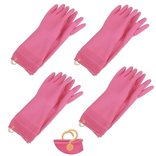 Myungjin Reusable Waterproof Non-Slip Dishwashing Household Cleaning Rubber Gloves with Hang-Dry Hook (4 Pairs/Medium)