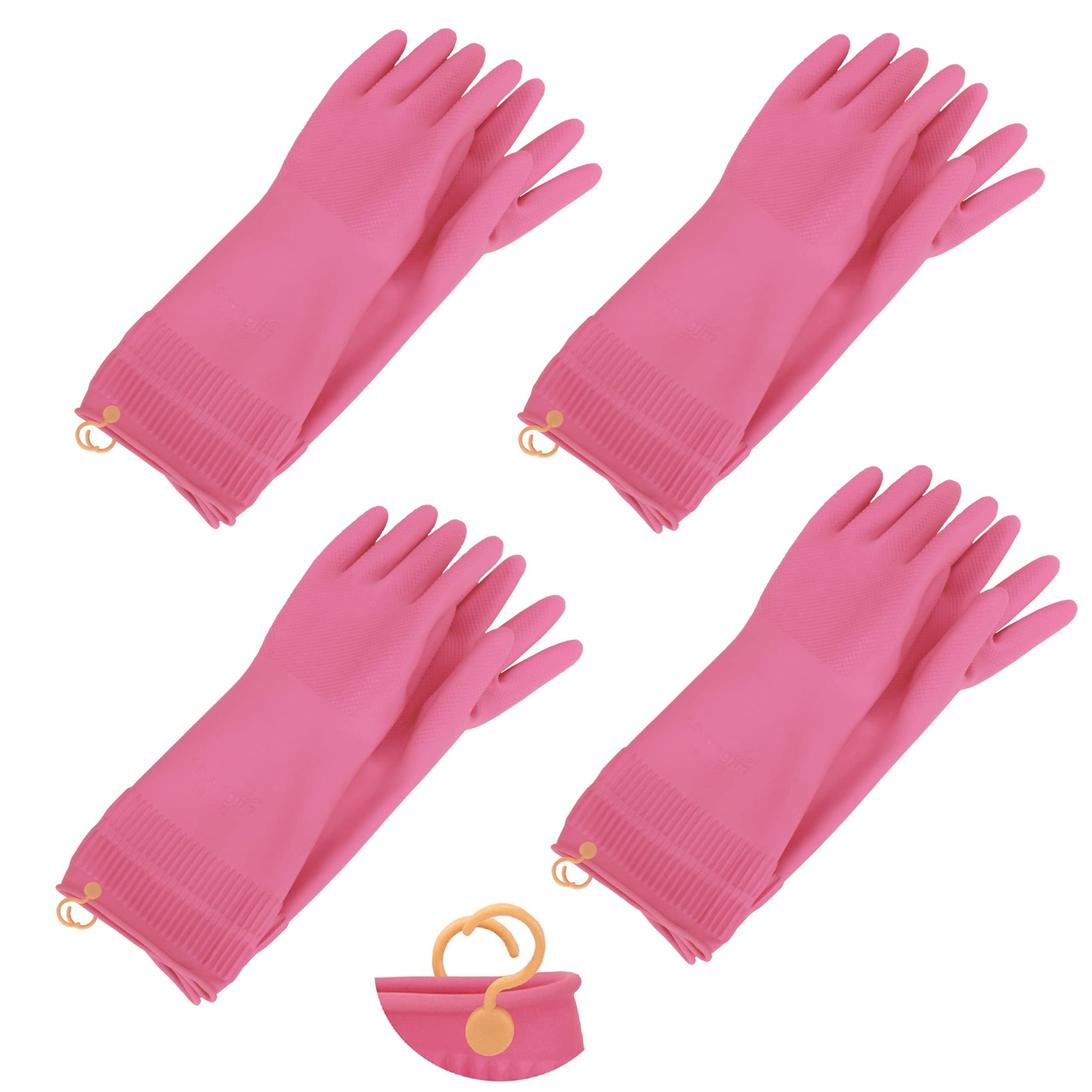 Myungjin Reusable Waterproof Non-Slip Dishwashing Household Cleaning Rubber Gloves with Hang-Dry Hook (4 Pairs/Medium)
