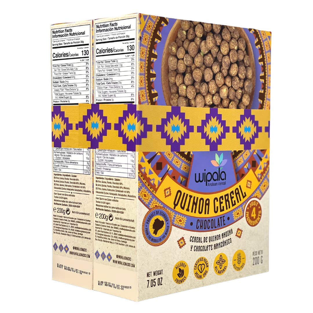 Wipala QUINOA Cereal with Panela. Dairy Free, Vegan, Less than 6 Ingredients, NON GMO. | 7.05 oz (Duo Pack Chocolate)