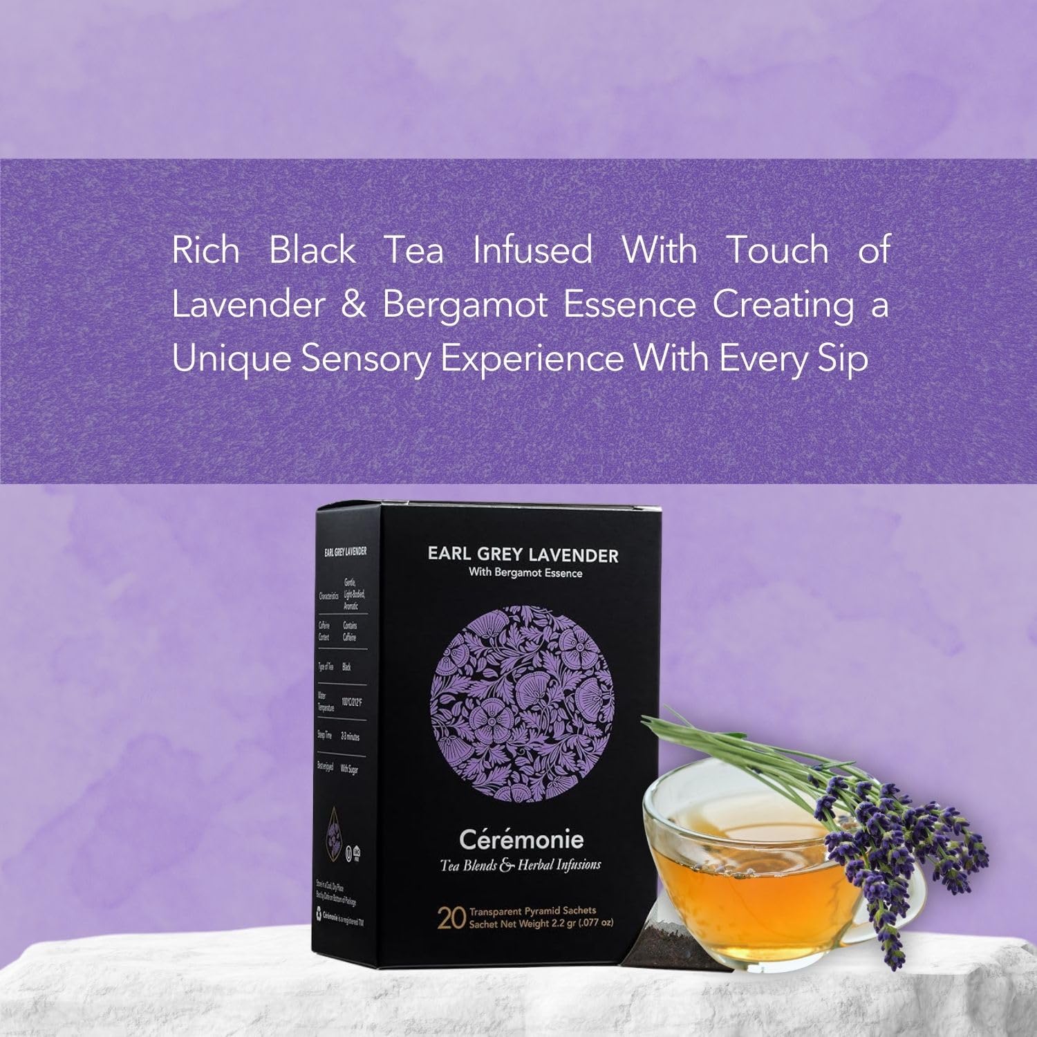 Ceremonie Earl Grey Lavender Tea - Rich Black Tea Infused With Touch of Lavender & Bergamot Essence - Gentle, Light-Bodied, Kosher & Aromatic