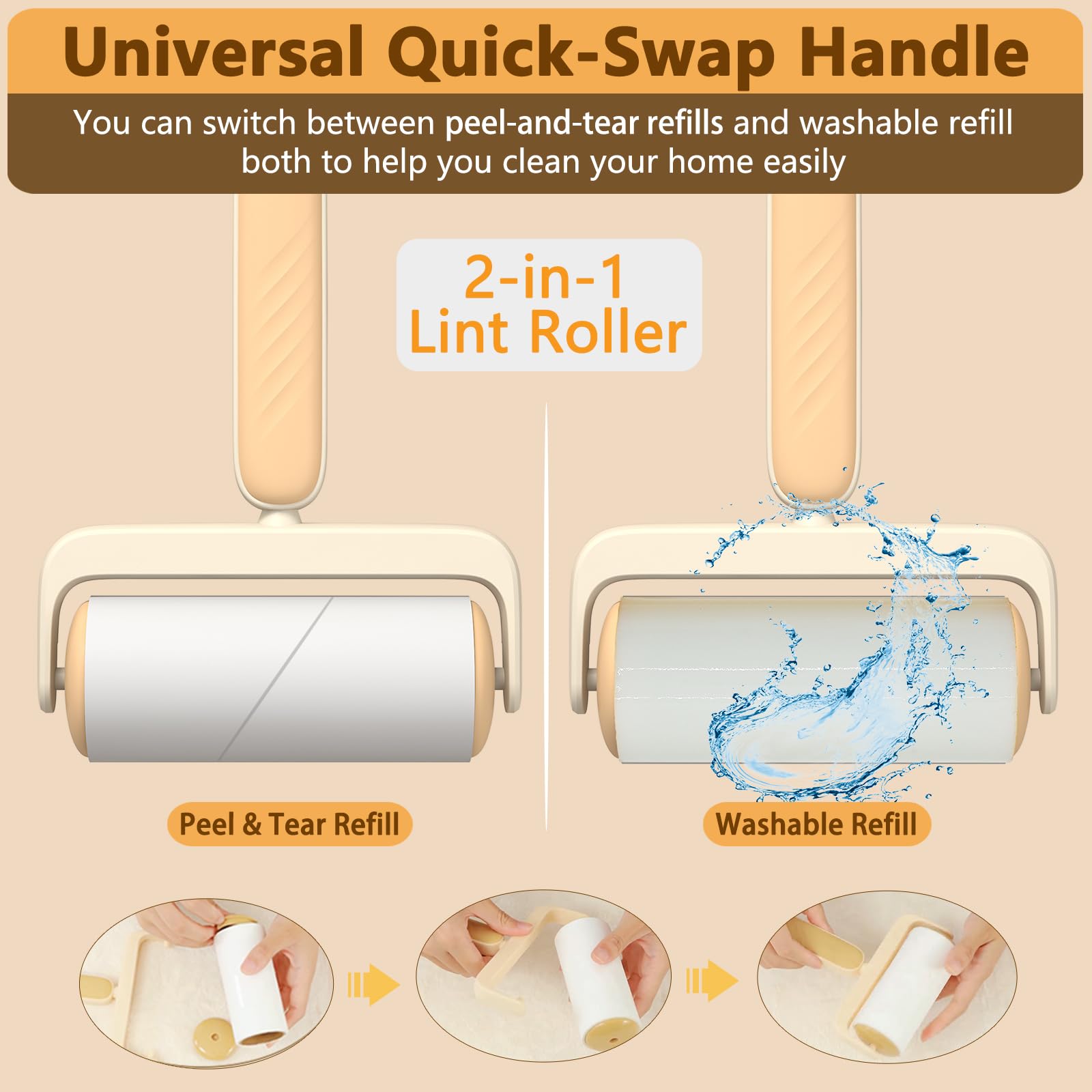 2-in-1 Lint Roller for Pet Hair, Washable Reusable Lint Rollers Value Set, Dog Cat Pet Hair Remover Cleaner for Clothes, Sofa, Couch & Carpet