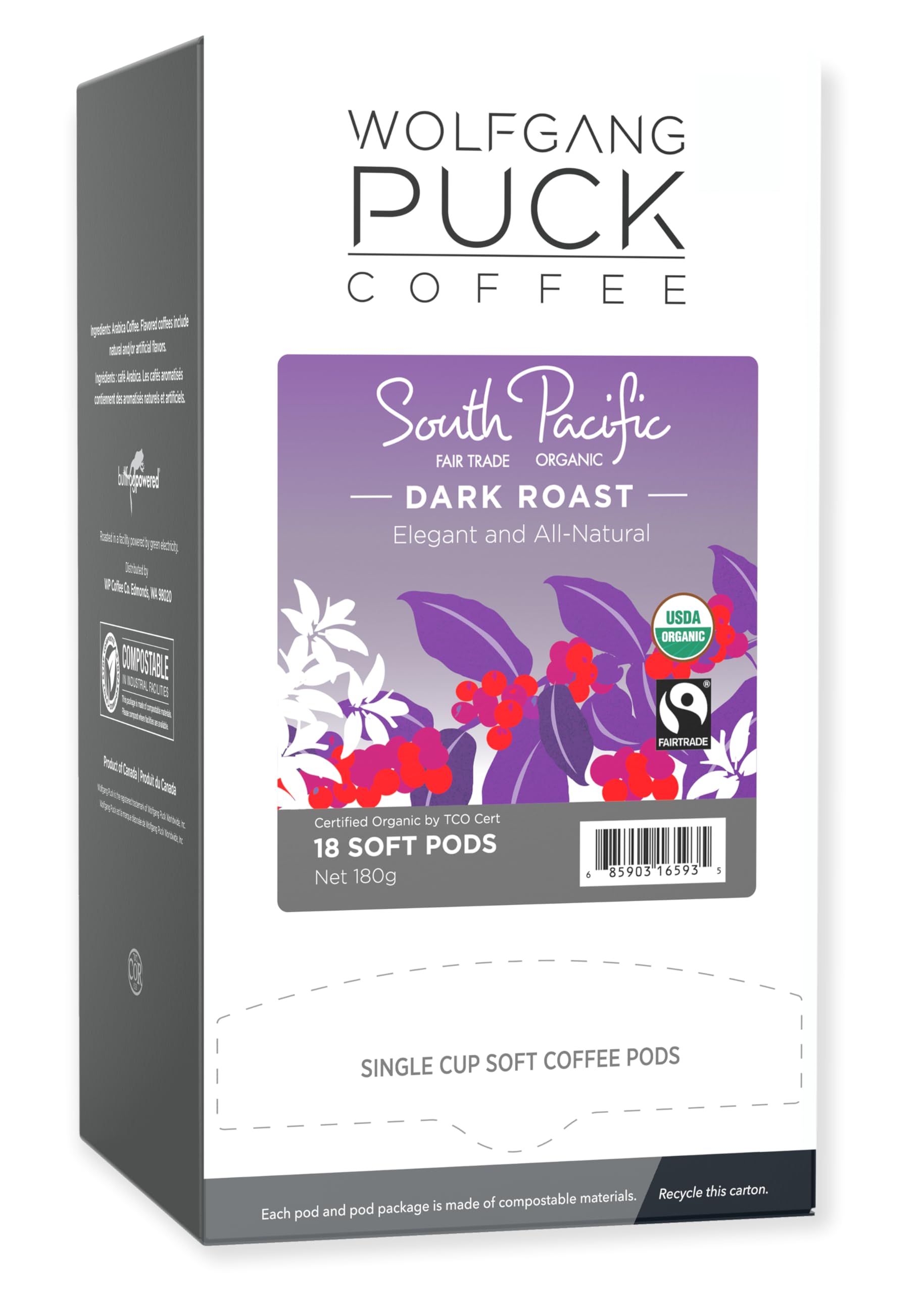 Wolfgang Puck Coffee Organic South Pacific Dark Fair Trade, 9.5 Gram soft Pods, 18 Count (Pack of 3)