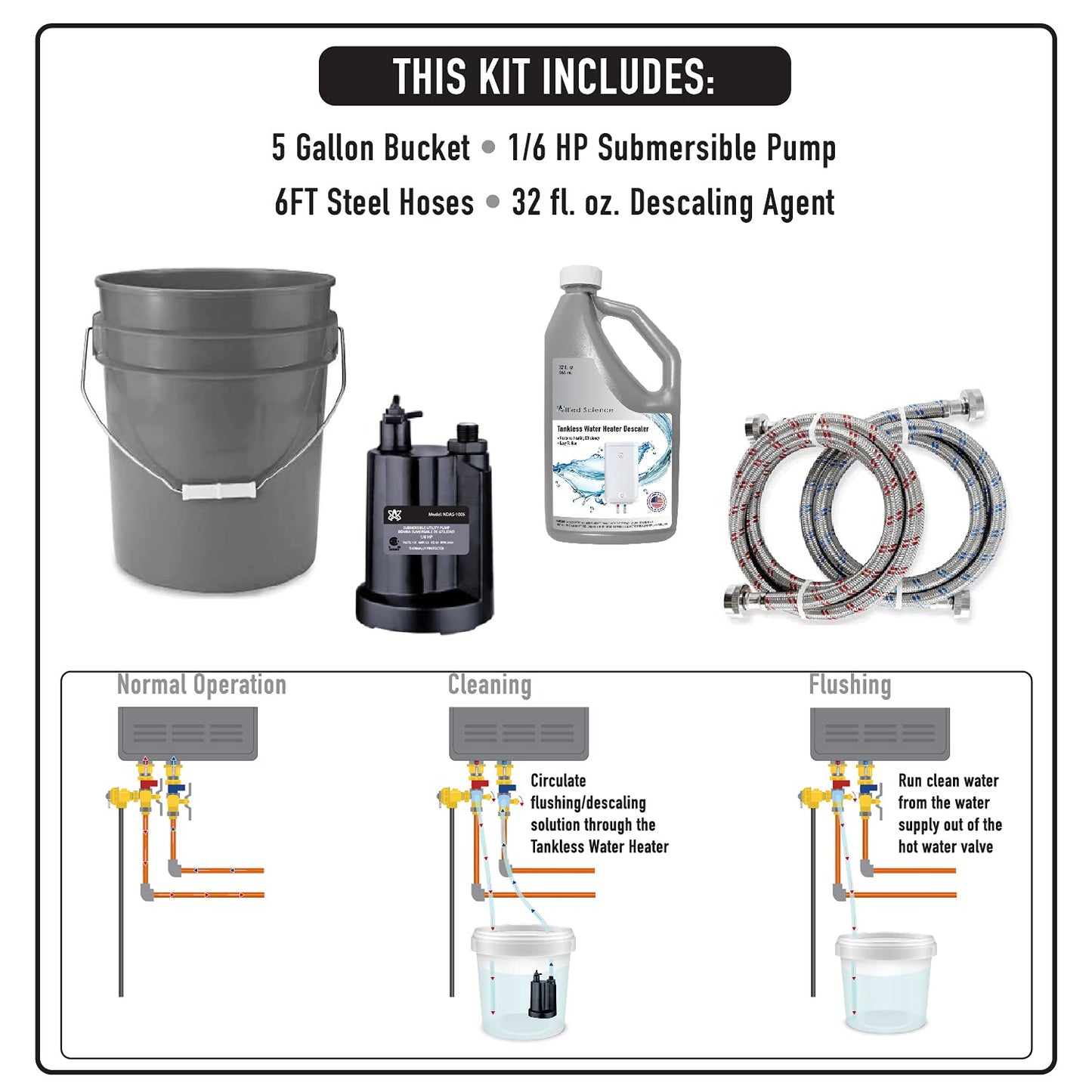 Allied Science Tankless Water Heater Flush Kit with Quart Liquid Descaling Solution and 1/6HP Extra Strength Pump