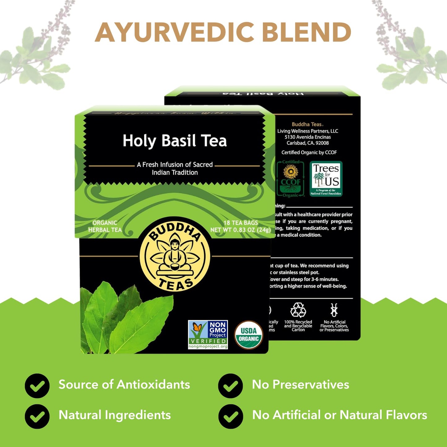 Buddha Teas - Holy Basil - Organic Herbal Tea - For Cognitive Balance & Overall Health - Ayurvedic Tulsi - With Antioxidants - Caffeine Free - 100%