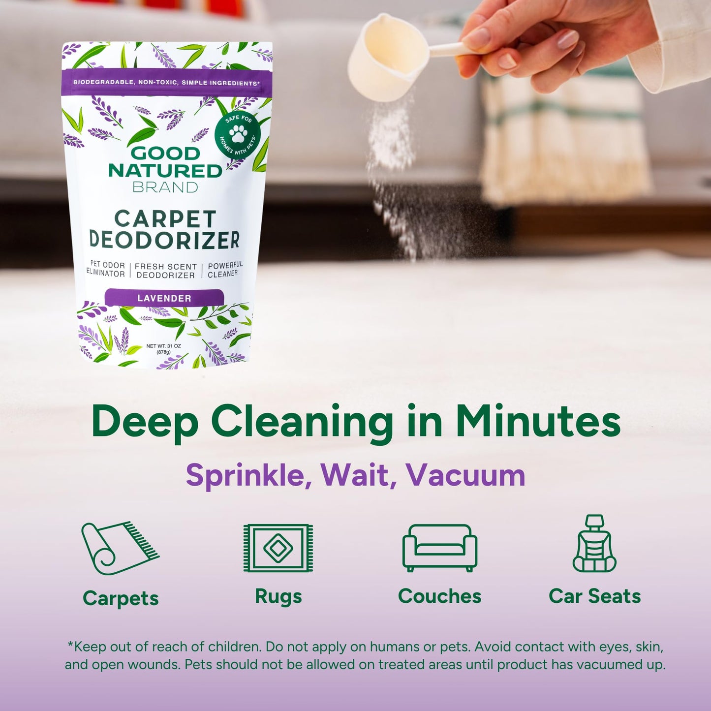 Good Natured Brand | Carpet Deodorizer & Freshener Powder | 31 oz Pet Odor Eliminator for Strong Odor & Pet Urine | Fresh Natural Lavender Scent |