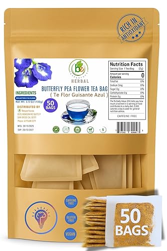 Butterfly Pea Flower Powder - 50 Tea Bags (2 g Each) - Vibrant Blue Herbal Tea - Antioxidant-Rich - 100% Natural, Vegan, Non-GMO, Sugar-Free