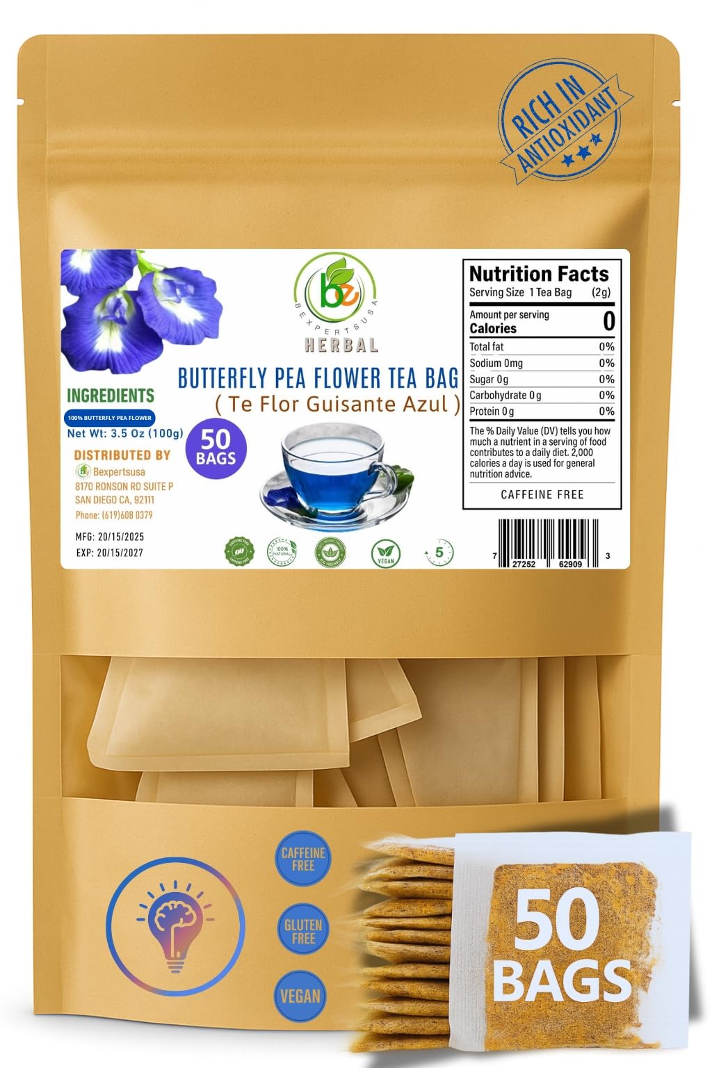 Butterfly Pea Flower Powder - 50 Tea Bags (2 g Each) - Vibrant Blue Herbal Tea - Antioxidant-Rich - 100% Natural, Vegan, Non-GMO, Sugar-Free