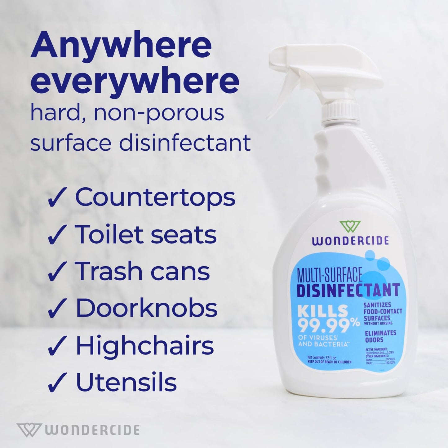 Wondercide - Multi-Surface Disinfectant Spray - Kills 99.99% Viruses & Bacteria - Fragrance Free Cleaner with Hypochlorous Acid for Home, Kitchen, Pet