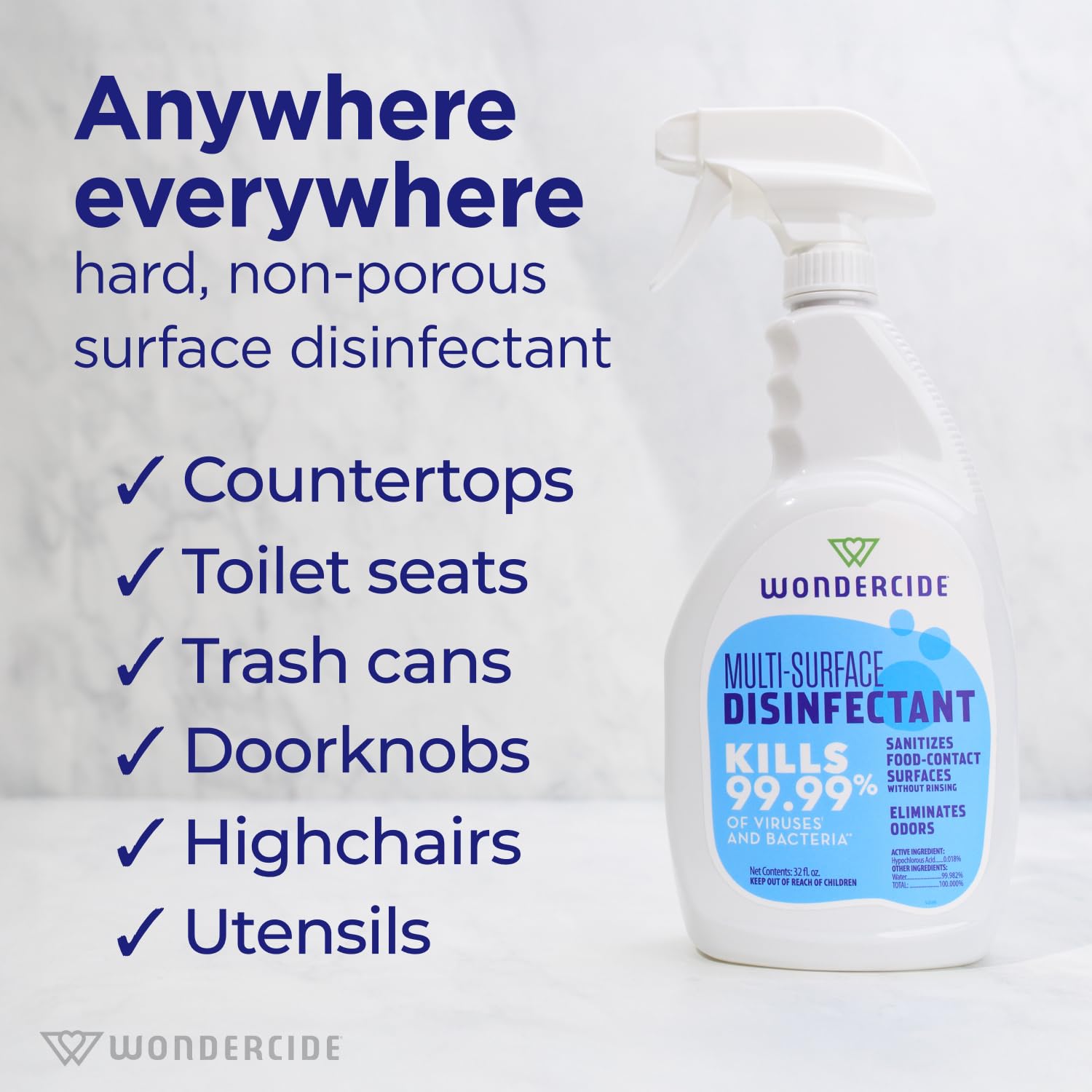 Wondercide - Multi-Surface Disinfectant Spray - Kills 99.99% Viruses & Bacteria - Fragrance Free Cleaner with Hypochlorous Acid for Home, Kitchen, Pet