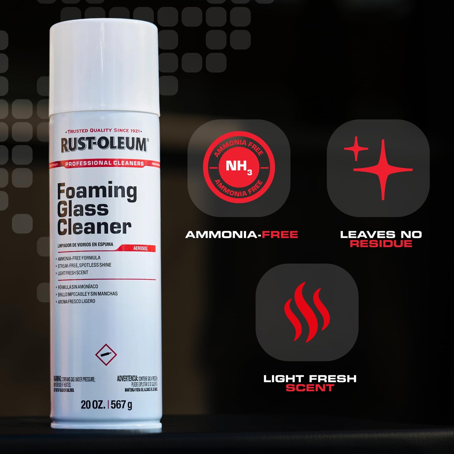 Rust-Oleum Professional Cleaners Foaming Glass Cleaner | 20oz Aerosol Can | Professional Strength | Ammonia-Free | Fresh Scent