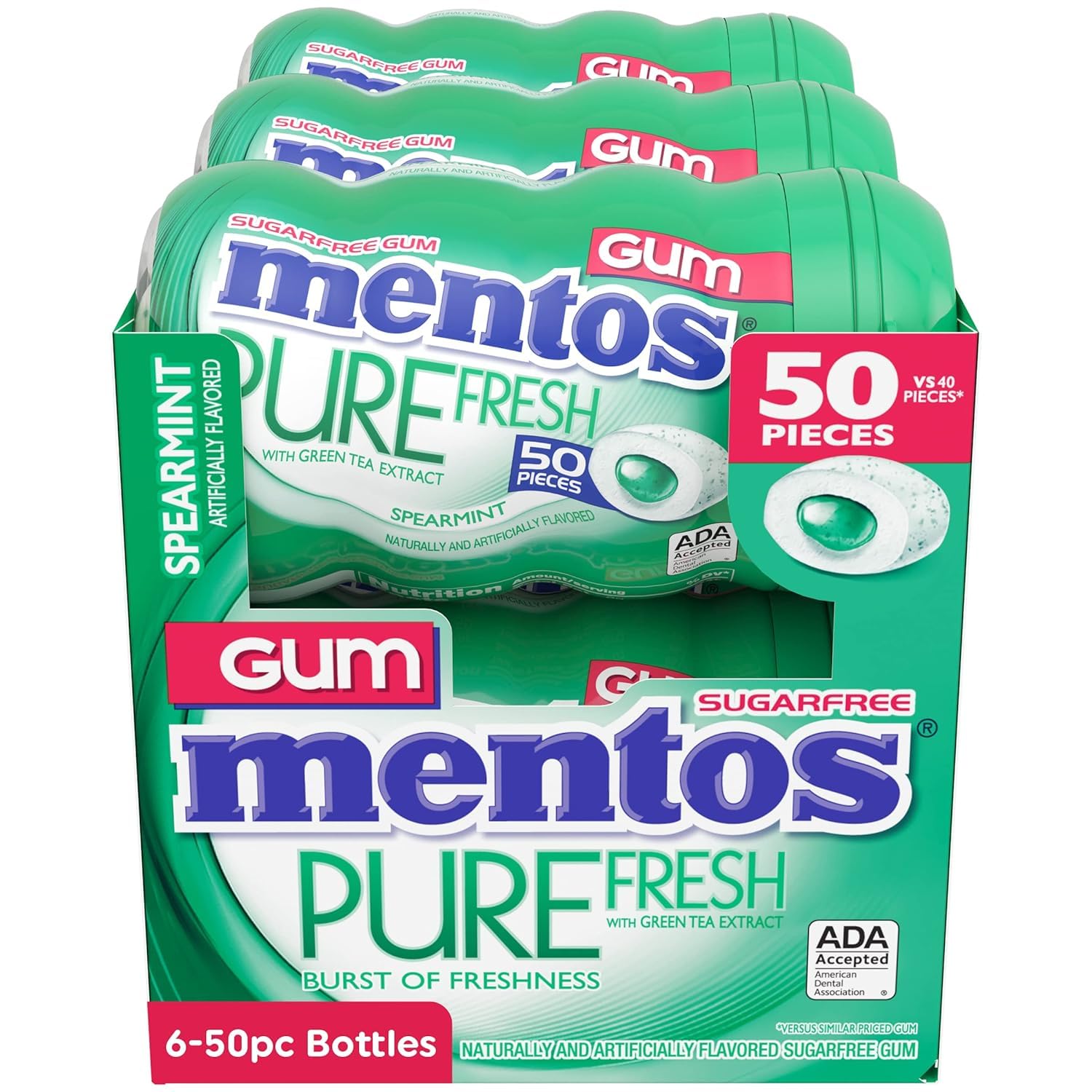 Mentos Pure Fresh Sugar Free Gum, Spearmint, 50 Piece Bottle, Pack of 6