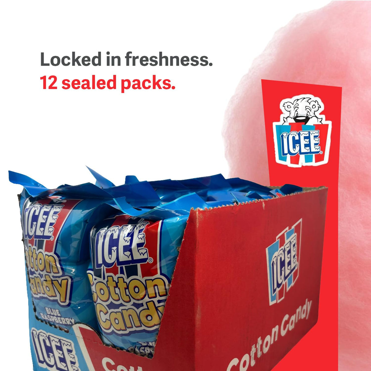 ICEE Cotton Candy Display Case | 3oz Bags | 12 Count | Blue Raspberry & Cherry | Soft, Fluffy Carnival Candy | Perfect for Parties, Events & Gifts