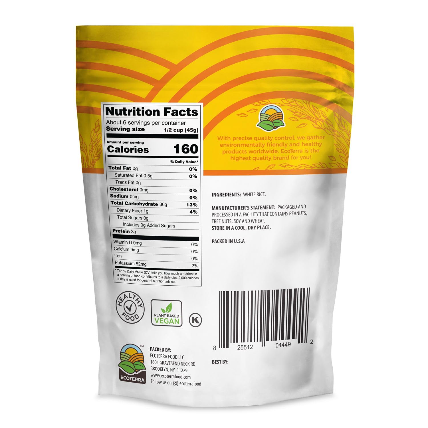 Ecoterra White Rice 16oz - Gluten-Free, Whole Grain - Non-GMO, Vegan - Healthy Side Dish & Perfect for Cooking