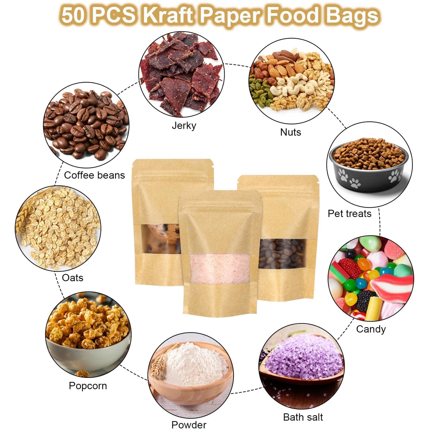 Blisstime Stand Up Pouches, 50 Pack Kraft Paper Bags with Matte Window and Tear Notch Resealable Bags for Small Business Home Use (6.5 x 8.7 Inches)