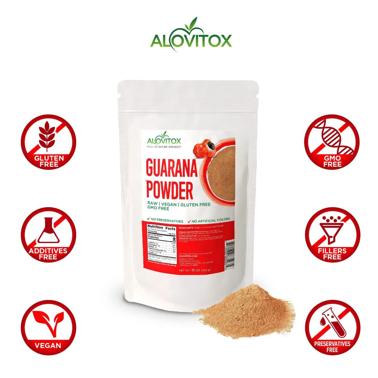 Alovitox Organic Guarana Seed Powder | Raw Guarana Seed Extract, Vegan, Non-GMO & Gluten-Free (Superfood, 65mg of Natural Caffeine per Serving)