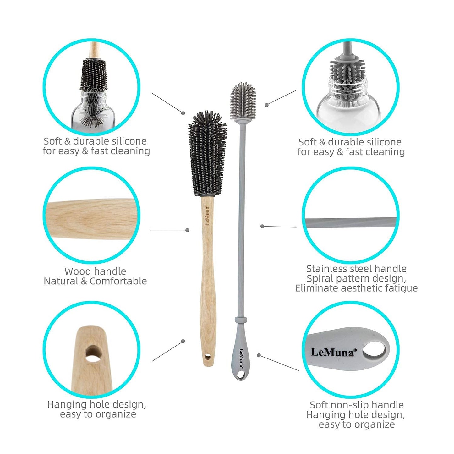 LeMuna Silicone Bottle Brush Set with Wooden Handle - Silicone Brush & Straw Cleaner for Hydro Flask, Sports Bottle, Glassware