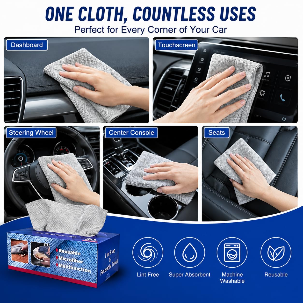 BIBWLD Gray Microfiber Cleaning Cloths, 30 Pack Reusable Washable Microfiber Towels with Dispenser Box, Lint-Free Shop Rags for Car, Automotive, Home