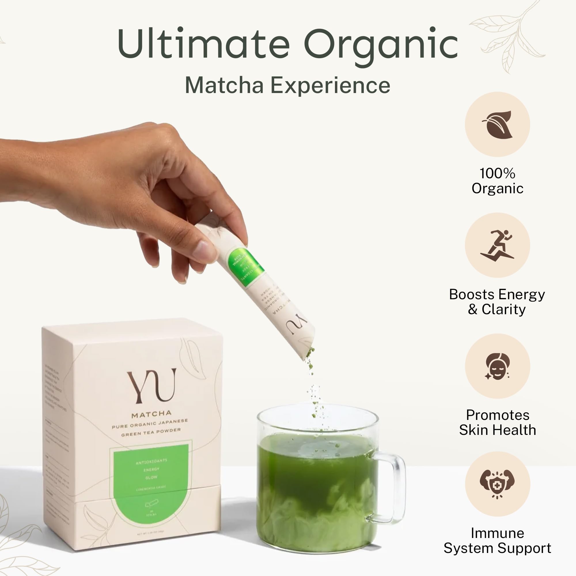 Yu Tea Organic Ceremonial Grade Matcha Powder, 30 Instant Packets | Packed with Antioxidants, L-Theanine & Natural Caffeine | Unsweetened Grade A