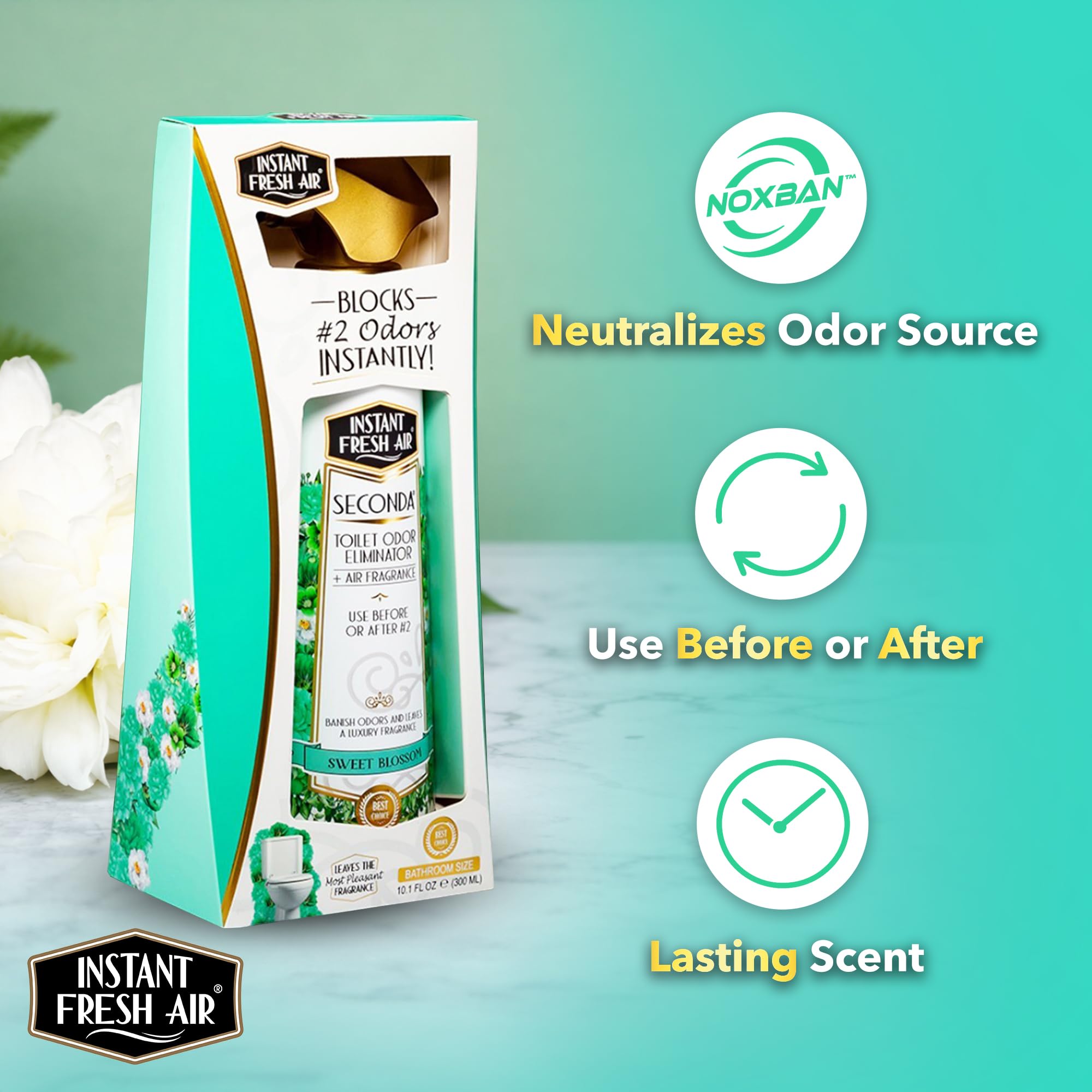 Instant Fresh Air Seconda Premium Toilet Spray - Bathroom Air Freshener & Toilet Bowl Odor Eliminator - For Home, Business, School - Bathroom