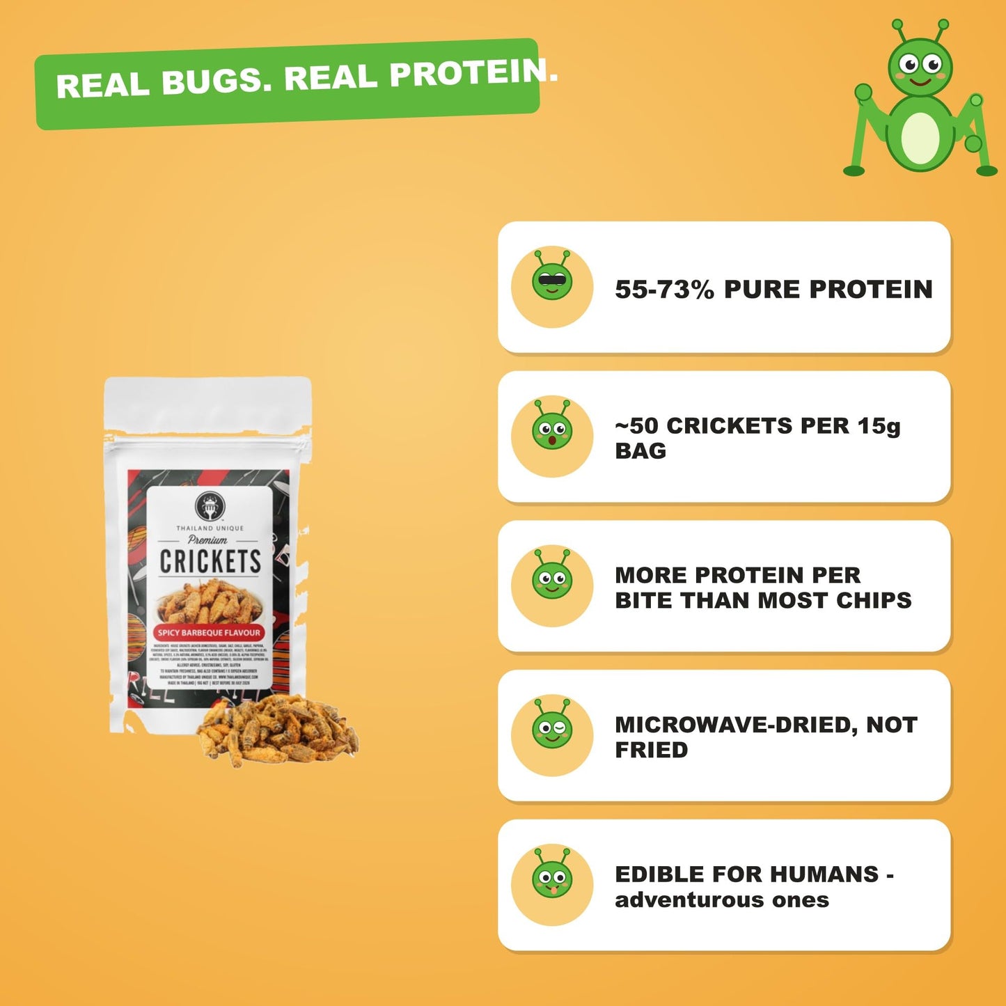 Thailand Unique BBQ Seasoned Crickets, Dehydrated Edible Bugs, 15g