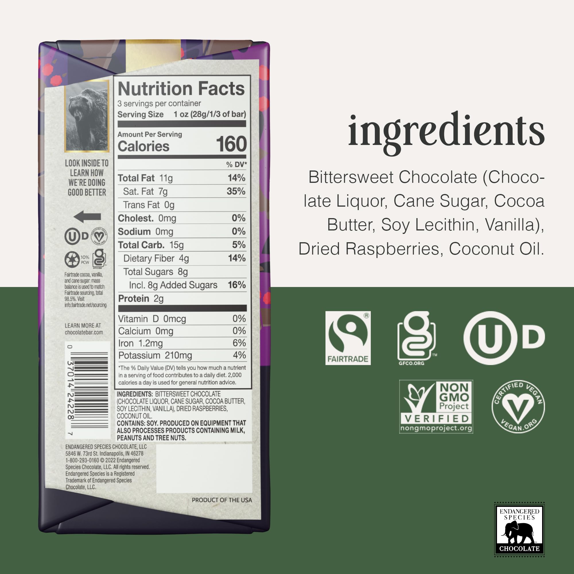 Endangered Species Chocolate Bar Grizzly Dark Raspberry, 3 oz