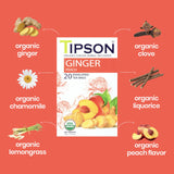 Tipson Ginger-Peach Flavor | Caffeine Free | All Natural Ingredients | USDA Organic | 20 Enveloped Tea Bags