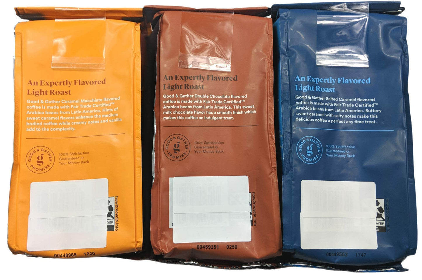 Good & Gather 3 Pack 12 oz Flavored Ground Coffee, Caramel Macchiato, Double Chocolate, Salted Caramel, Light Roast, Fair Trade Certified Arabica
