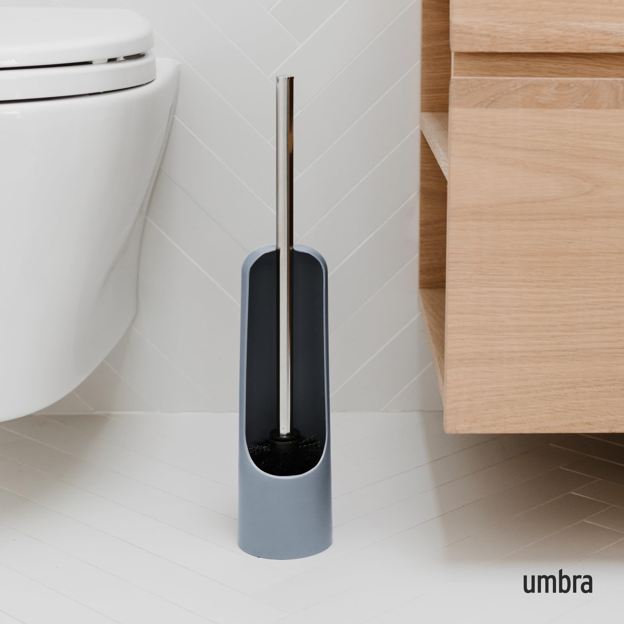 Umbra Touch Toilet Brush with Hideaway Holder - Durable, Slim, Plastic and Metal Bowl Cleaner with Bristles, Slate Blue