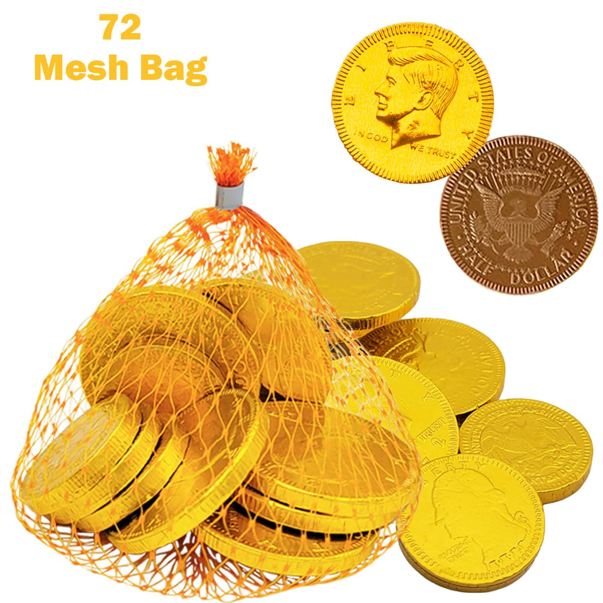 Fruidles Chocolate Coins in Mesh Bags, 10 Belgian Milk Chocolate Half-Dollar Gold Coins Per Mesh Bag, Total 108oz Bag (72-Pack)