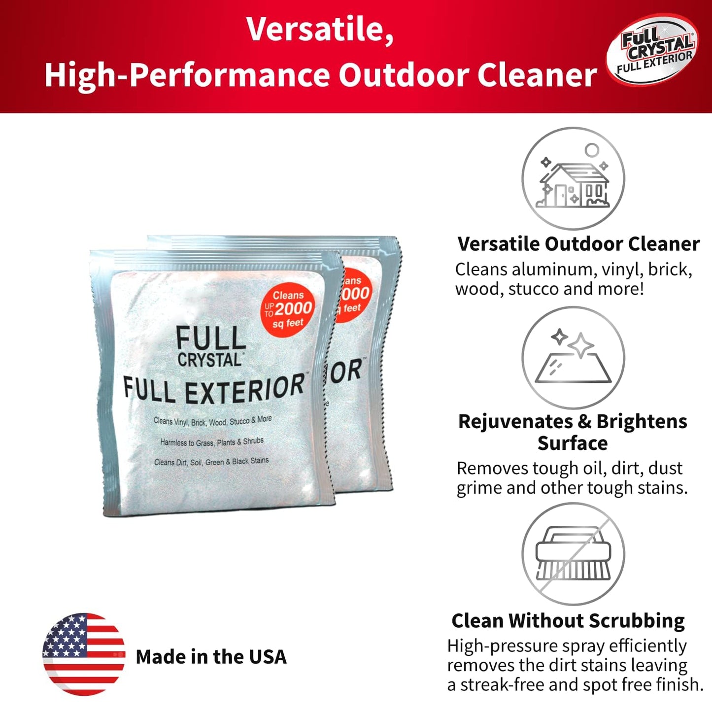 Full Exterior Refill Kit - Crystal Powder Outdoor Cleaner Packets, 8 oz, Each 4 oz Bag Makes Up to 640 fl oz, Non-Toxic, No Scrub, No Rinse Cleaning