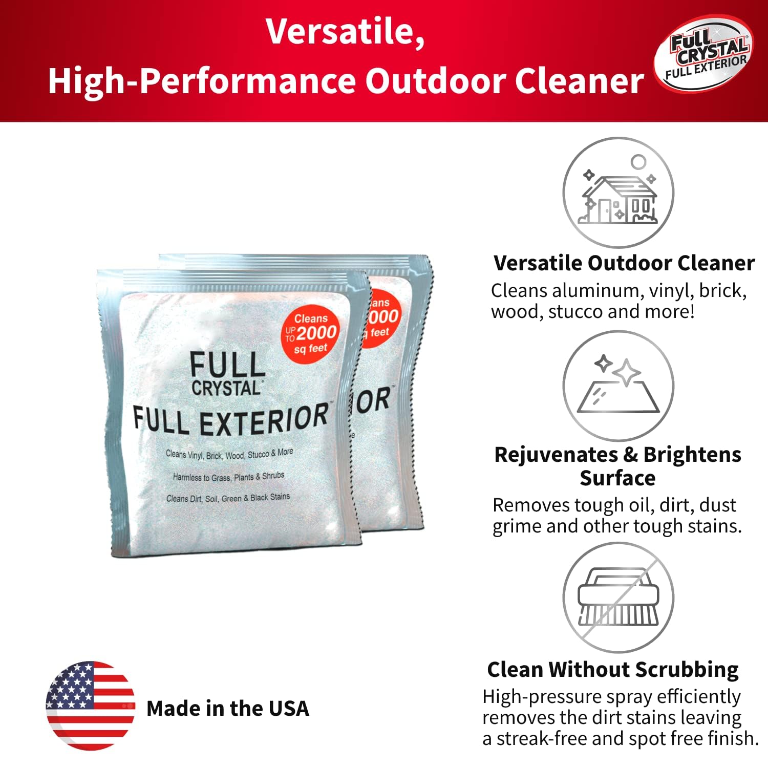 Full Exterior Refill Kit - Crystal Powder Outdoor Cleaner Packets, 8 oz, Each 4 oz Bag Makes Up to 640 fl oz, Non-Toxic, No Scrub, No Rinse Cleaning