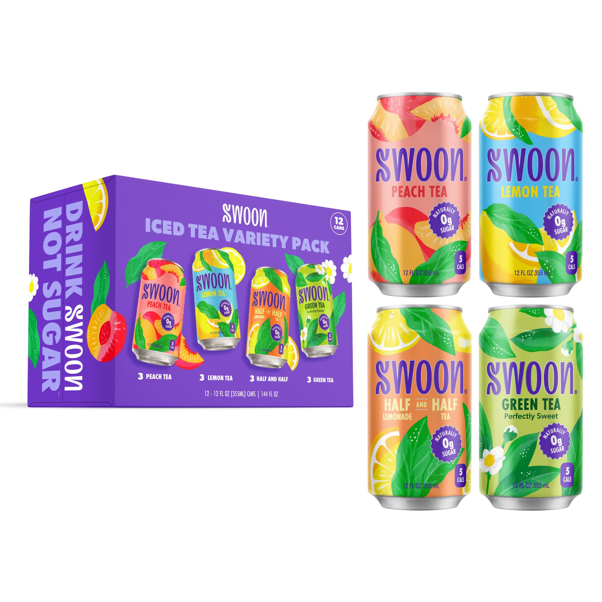Swoon Iced Tea Variety Pack - Low Carb, Paleo-Friendly, Gluten-Free Keto Drink - Half + Half IcedTea Lemonade, Peach Iced Tea, and Lemon Tea - 12 fl