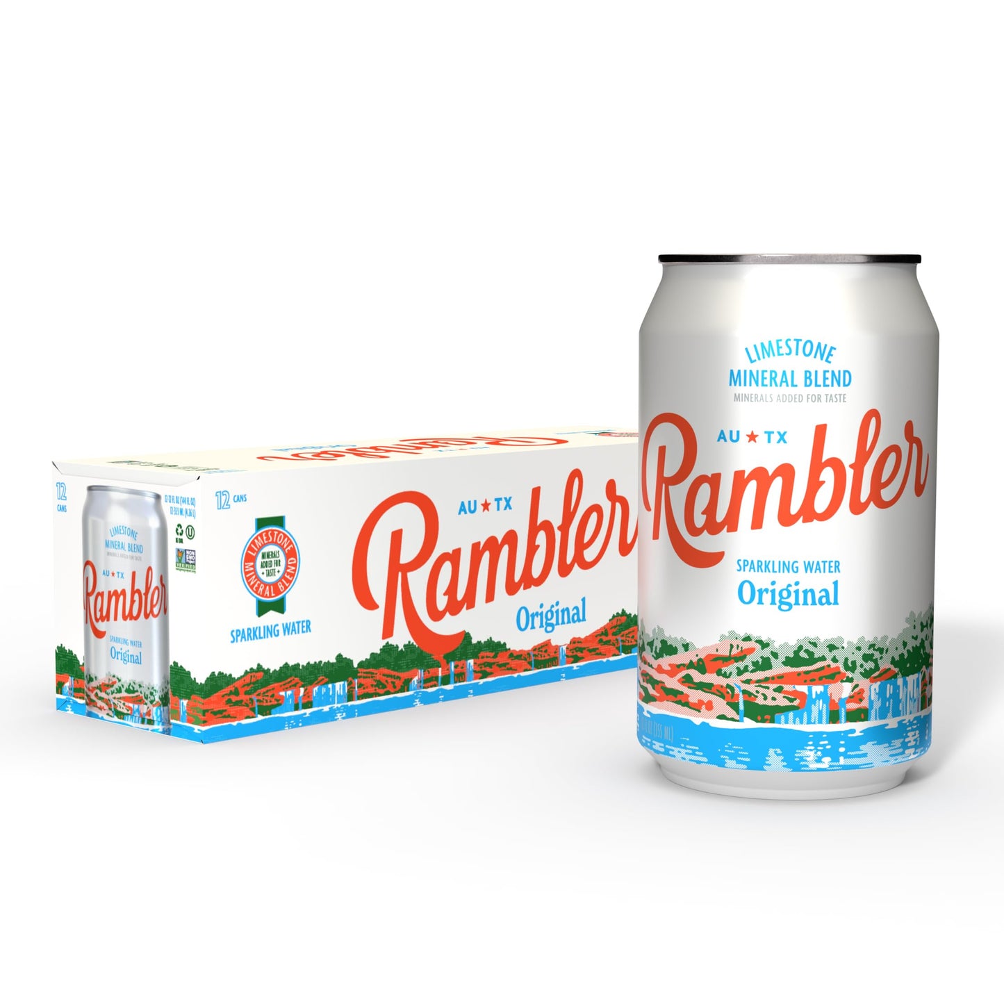 AUTX RAMBLER Sparkling Water, Texas Limestone Mineral Blend, Original Natural Flavor, 12-Ounce Cans, 12-Pack