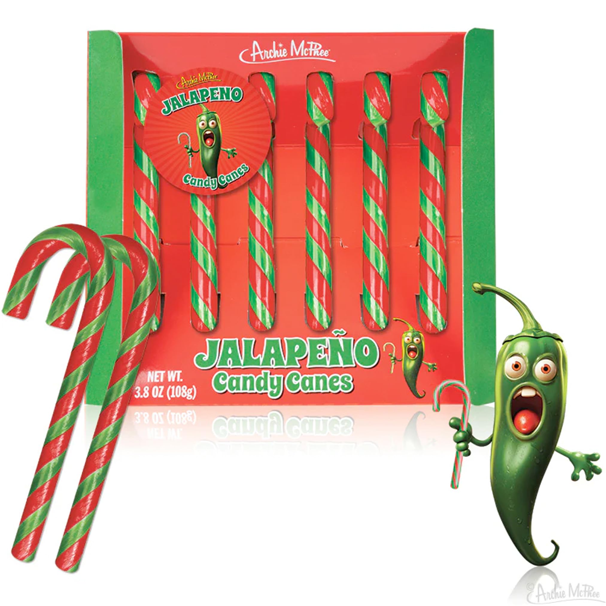 Archie McPhee's Jalapeño Candy Canes - 6 Count, 9 grams Each - Mexican Cuisine Inspired Holiday Candy, Perfect Christmas Stocking Stuffer and Gag Gift