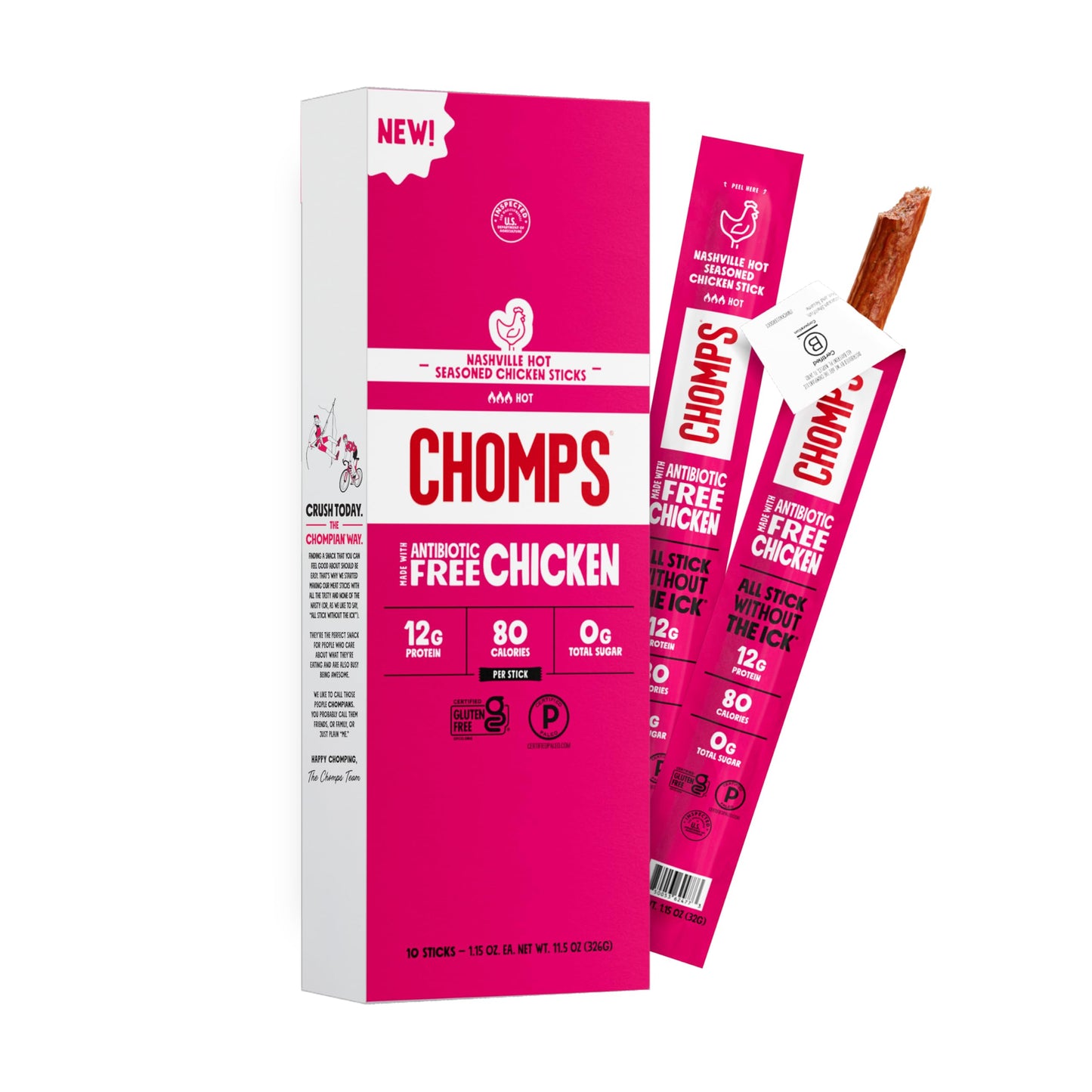 Chomps Nashville Hot Chicken Jerky Meat Snack Sticks 10-Pack - Keto, Paleo, Low Carb, Whole30 Approved, 12g Lean Meat Protein, Gluten Free, Antibiotic
