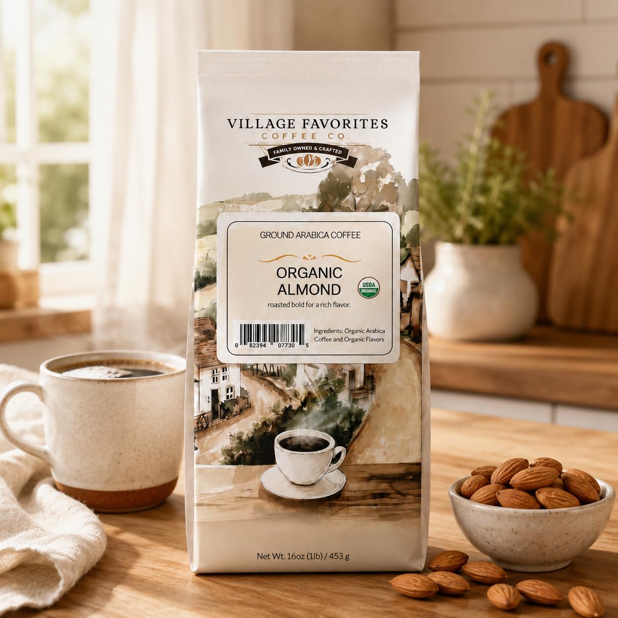 Village Favorites USDA Organic Flavored Coffee - Low Acid, Mold-Free, 100% Arabica, Slow Roasted Medium Roast, Smooth & Stomach Friendly, Ground, 1LB