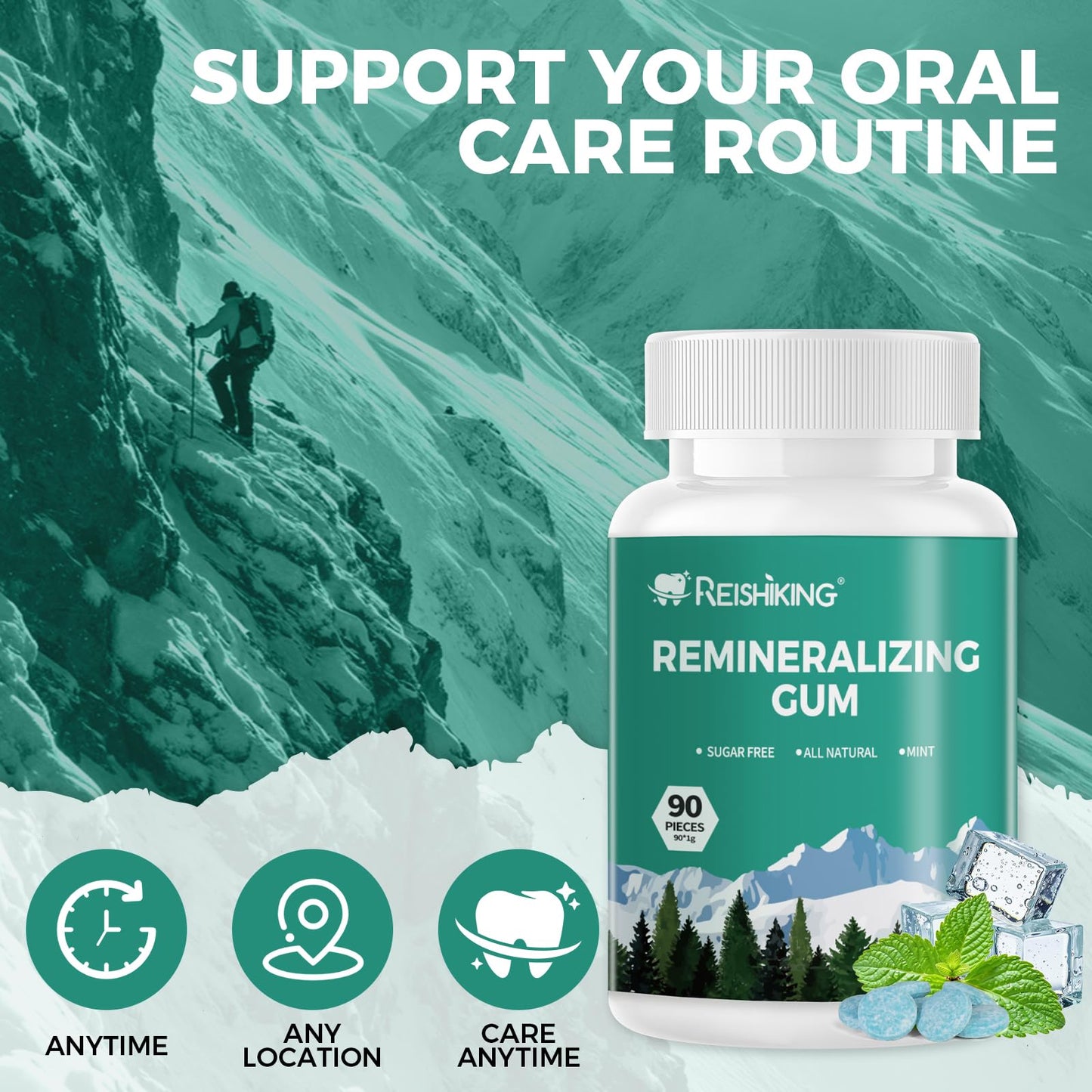 Remineralizing Gum, Containing Nano Hydroxyapatite, 90 Pieces, Teeth Remineralization, Sugar-Free Chewing Gum with Xylitol, Mint Flavor, Two pieces