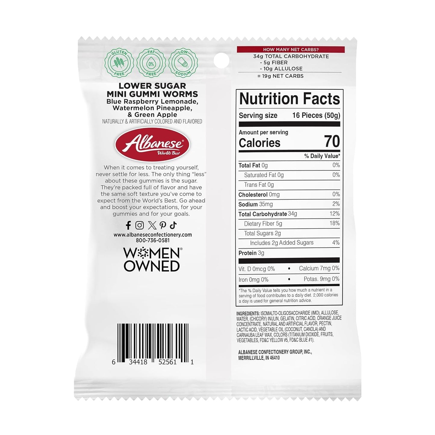 Albanese World's Best Lower Sugar, Gluten Free Mini Gummi Worms, 1.76oz Bag