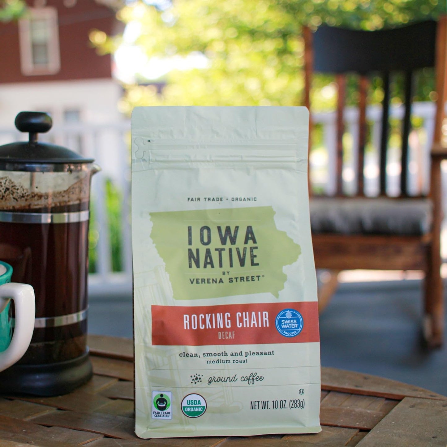 Iowa Native Fair Trade Organic 10 Ounce Ground, Rocking Chair Decaf, Swiss Water Process Decaf Coffee, Medium Roast