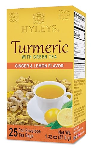 Hyleys Ginger Turmeric Tea Lemon Flavor - 25 Tea Bags - Wellness Herbal Supplement Green Tea