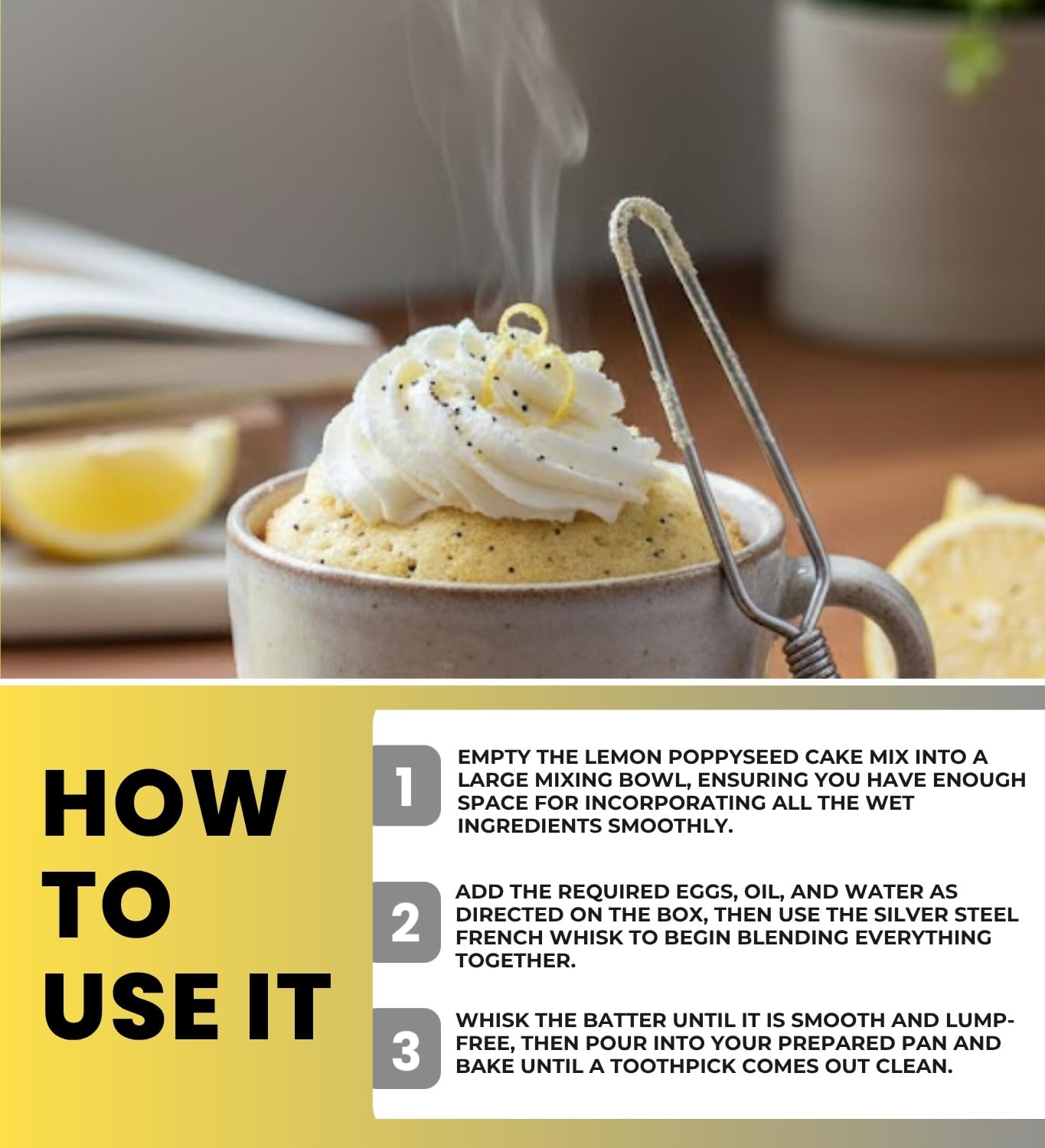 4x Sweet Logic Cake Mix Lemon Poppyseed 1.6 oz Bundle with Silver French Whisk - Low-Sugar High-Protein Mug Cake Mix for Gluten-Less Lemon Poppyseed