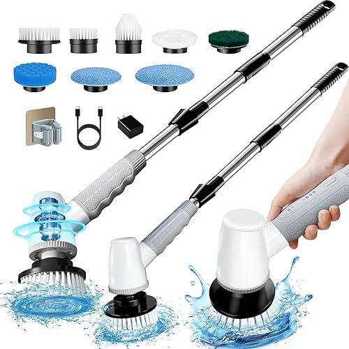 Electric Spin Scrubber Bathroom Scrubber - Cordless Shower Scrubber with Adjustable Handle, 2 Speeds, Bathroom Scrubber with 8 Replaceable Brush