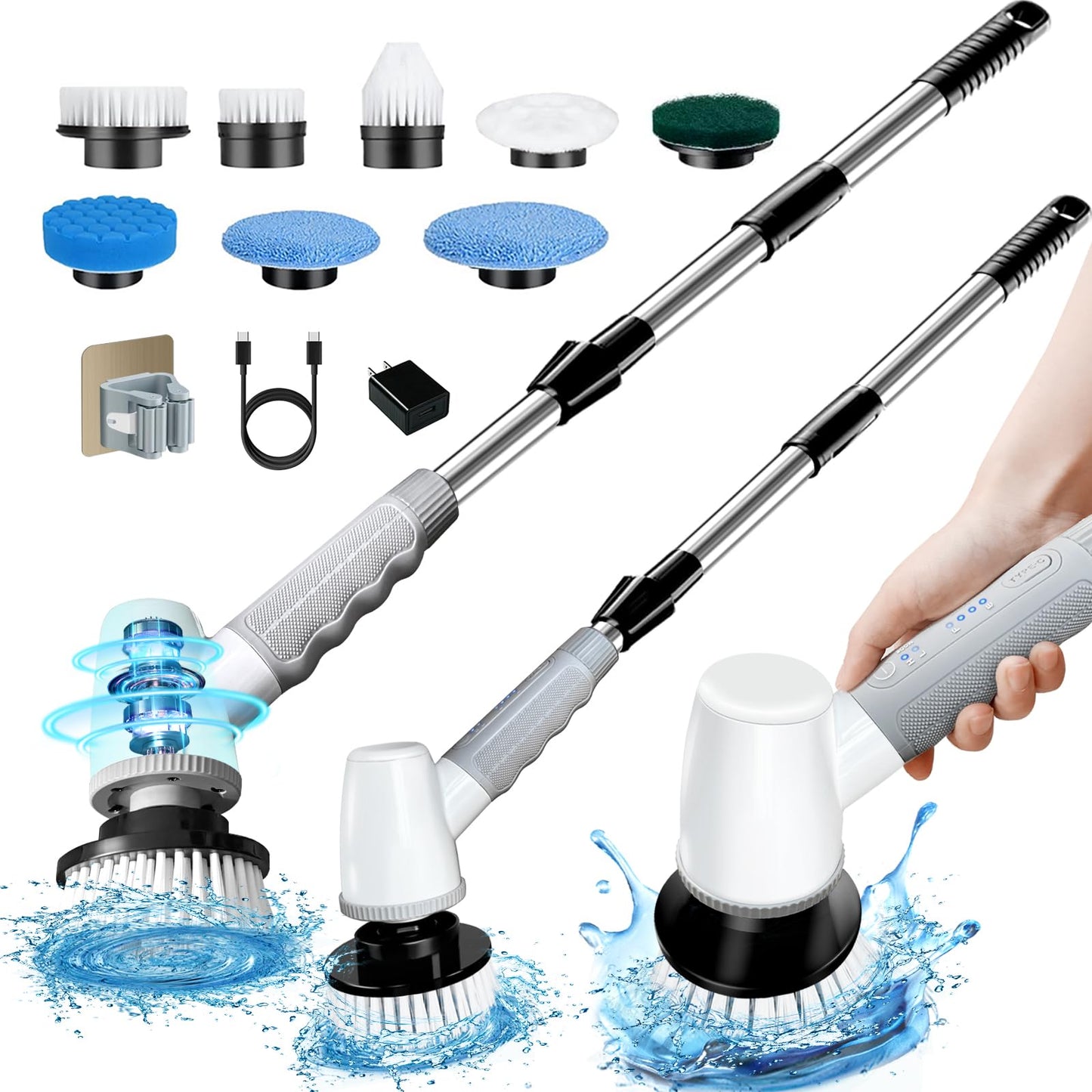 Electric Spin Scrubber Bathroom Scrubber - Cordless Shower Scrubber with Adjustable Handle, 2 Speeds, Bathroom Scrubber with 8 Replaceable Brush