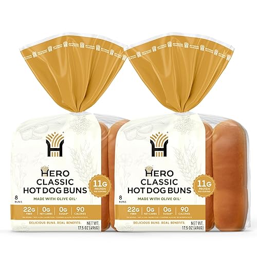 Hero Classic Hot Dog Bun - Delicious Rolls & Net Low Carb Hot Dog Buns | High Fiber, 1g Net Carbs, 0g Sugar & 90 Calories Per Serving | (16 Buns, Pack